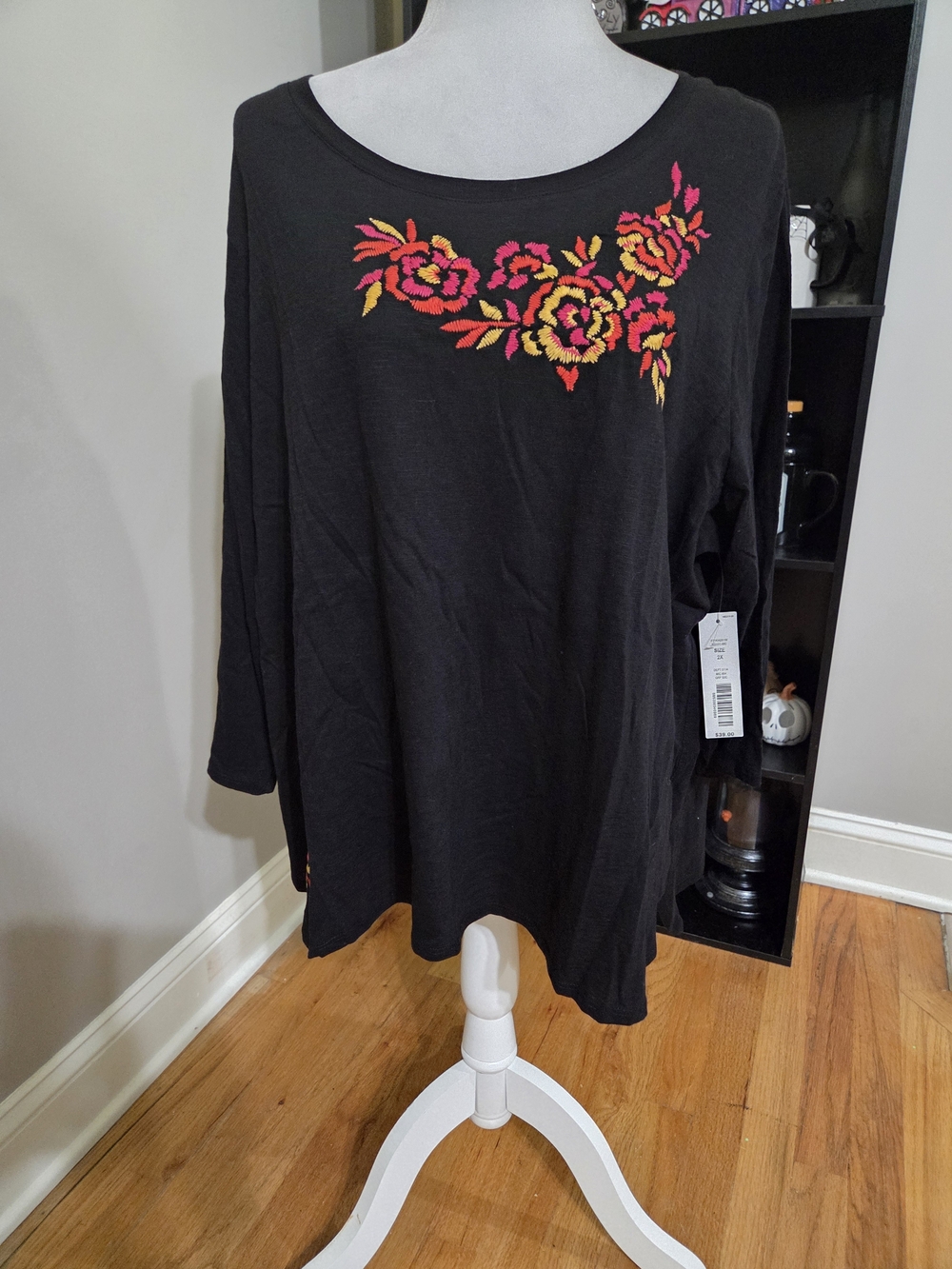 Westbound Black Long Sleeve Top with Pink & Yellow Floral Embroidery